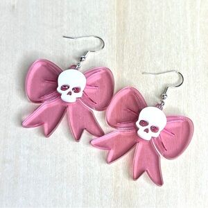 Pink Bow and Skull Earrings - Pastel Goth - Coquette - clear pink and white